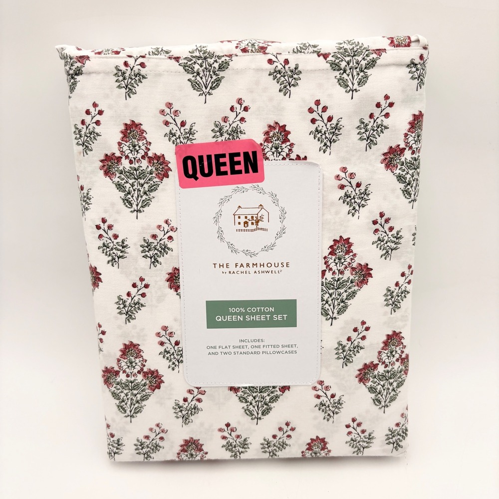 The Farmhouse by Rachel Ashwell Queen Cotton Sheet Set Red Floral Print